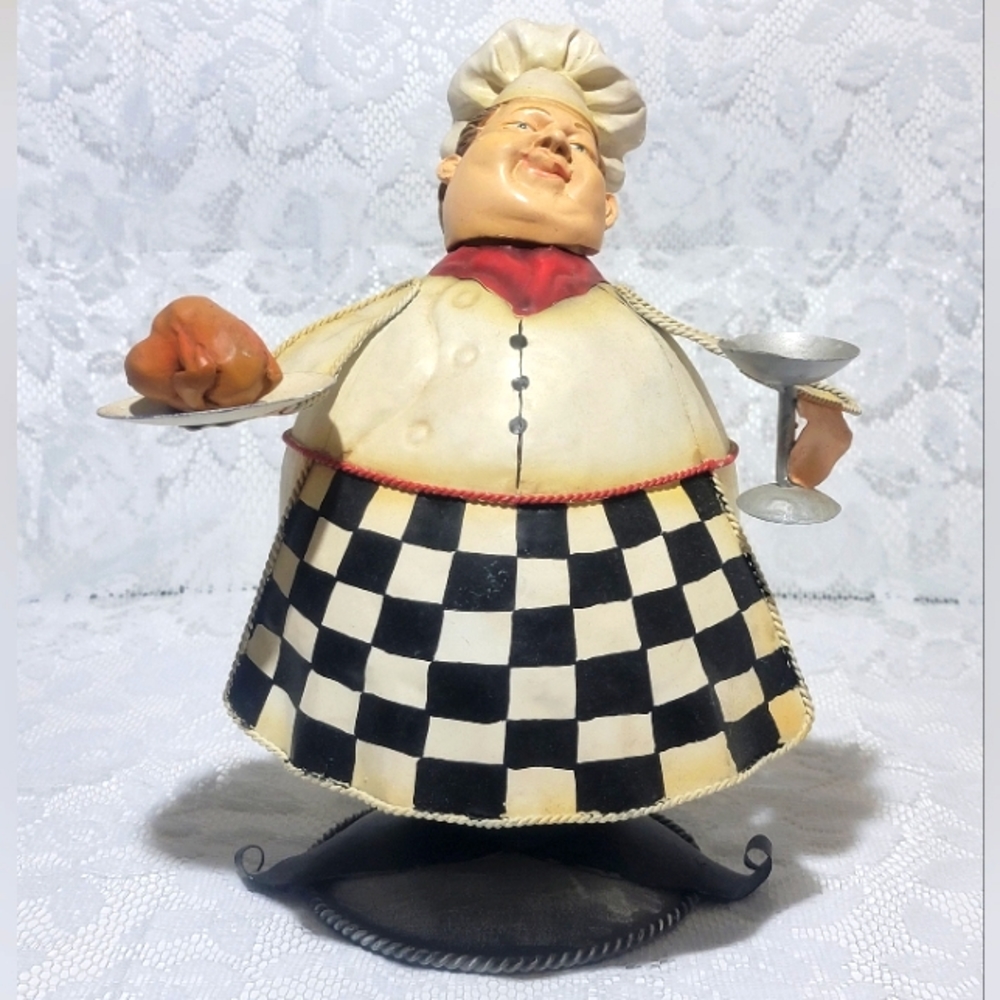 Vintage Metal Wobble Chef Figurine Spring Bobble Kitchen Decor 11" Hand Painted